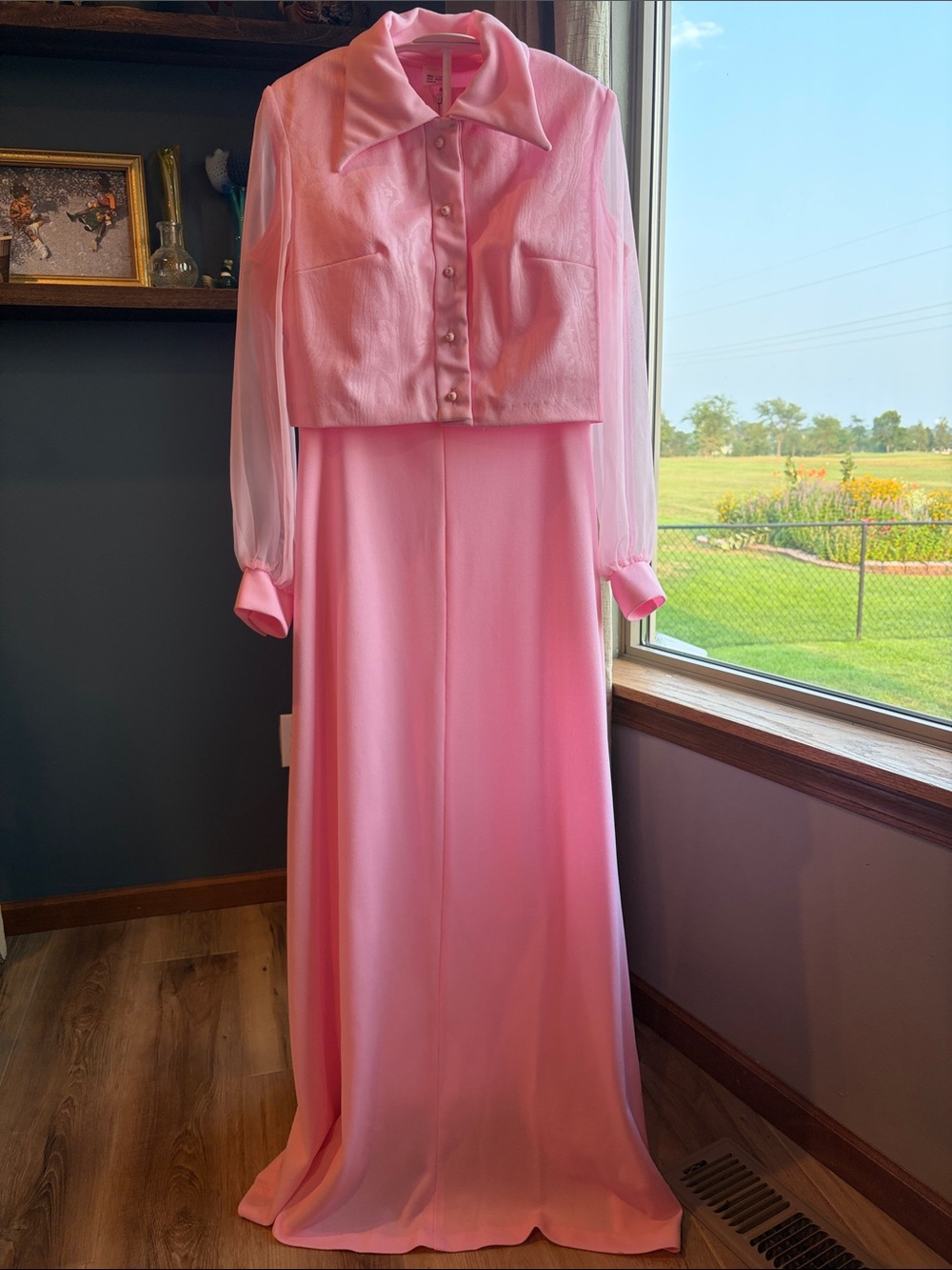 1970s Vintage Pink Two-Piece Gown with Sheer Sleeves